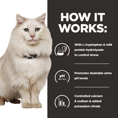 White cat with text on how a product works, featuring L-tryptophan, milk protein hydrolysate, pH control, and calcium management.