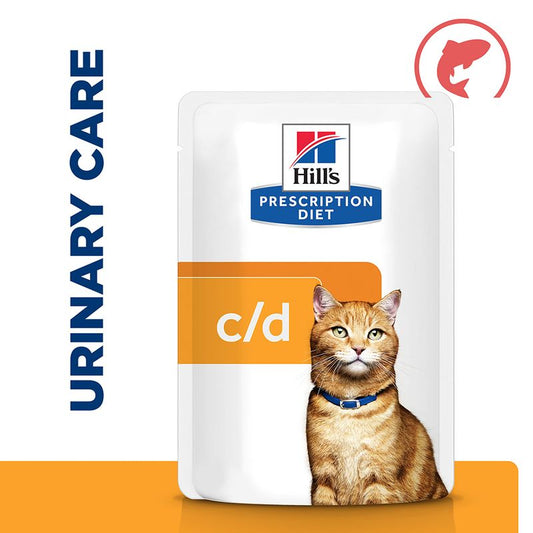 Hills Prescription Diet c/d Urinary Care cat food pouch with a cat on the label.