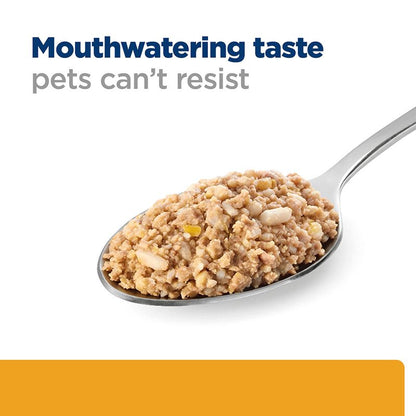 Spoonful of pet food with text 'Mouthwatering taste pets can't resist' on a white background
