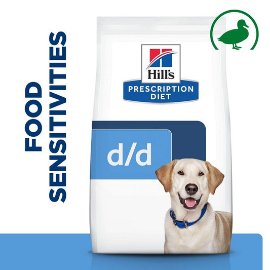 Hill's Prescription Diet d/d food sensitivities dog food package with a dog on the label.