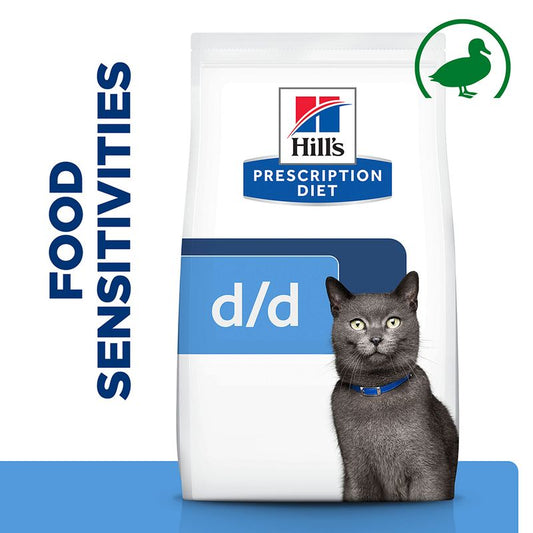 Hills Prescription Diet d/d food sensitivities cat food package with a gray cat on a white background