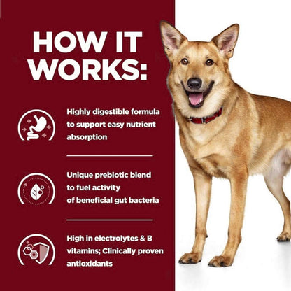 Dog standing next to a red background with text about a highly digestible formula.