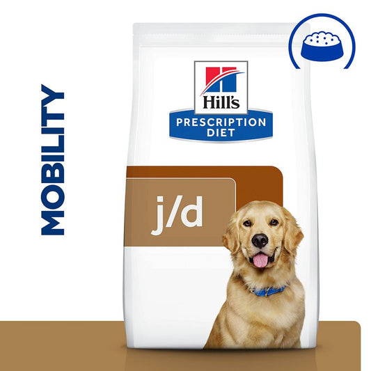 Hills Prescription Diet j/d Mobility dog food package with a dog on the label.
