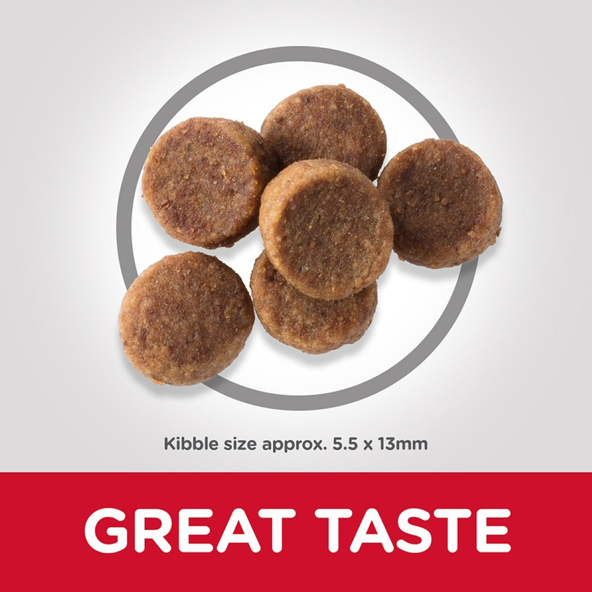 Dog kibble on a white background with 'GREAT TASTE' text