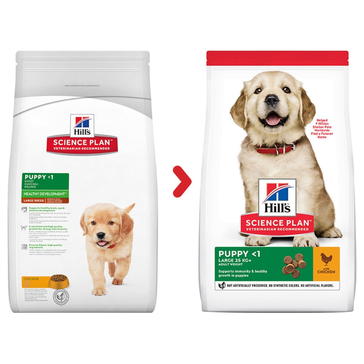 Two packages of Hills Science Plan puppy food on a white background
