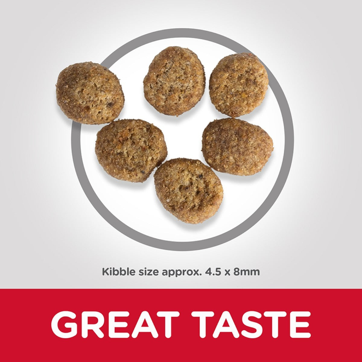 Dog kibble on a white background with 'GREAT TASTE' text