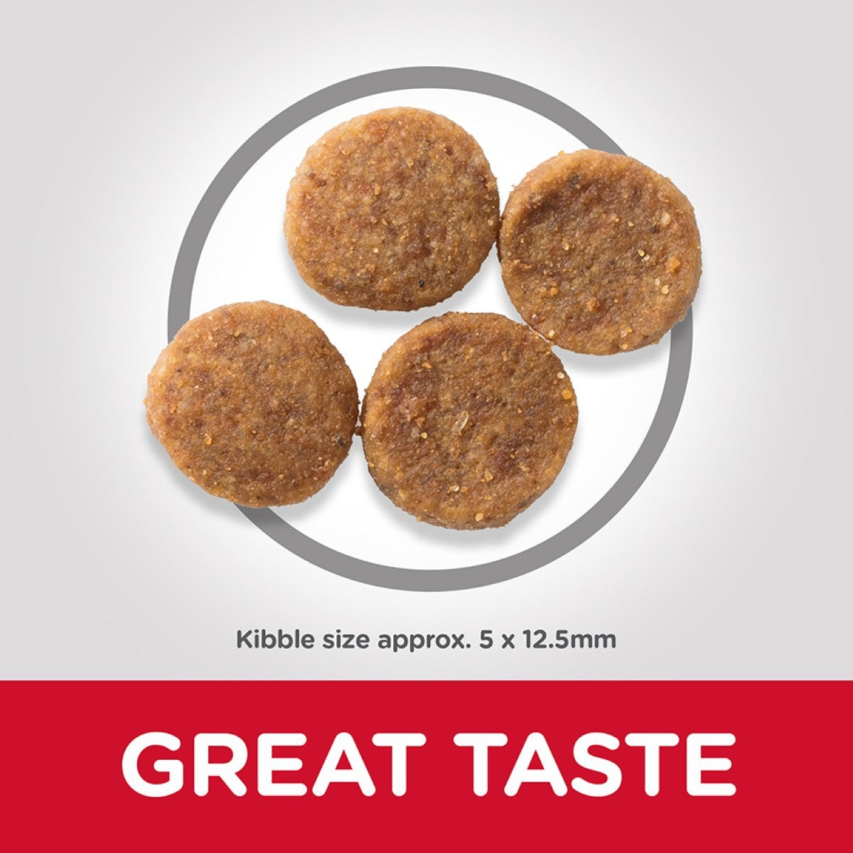 Dog food kibble on a gray background with 'GREAT TASTE' text.