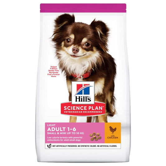 Hills Science Plan dog food package with a small dog on a white background