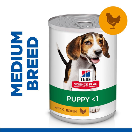 Can of Hills Science Plan puppy food for medium breeds with chicken on a white background