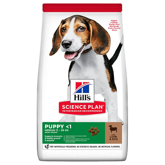 Hills Science Plan puppy food bag with a dog on the packaging