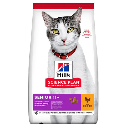 Hill's Science Plan senior cat food packaging with a cat on the front.