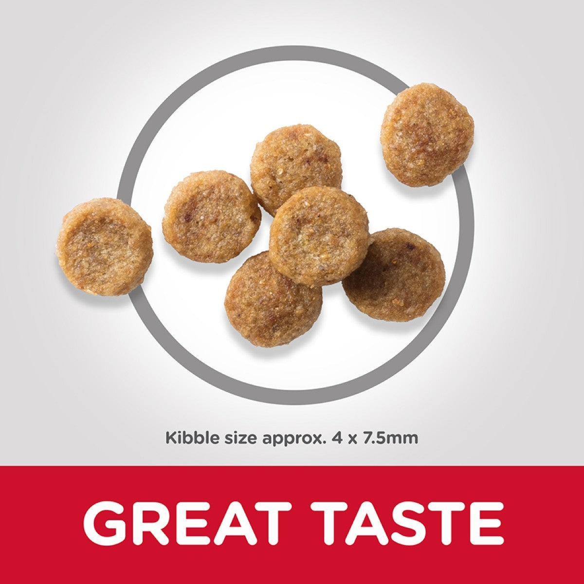 Dog kibble on a white background with 'GREAT TASTE' text