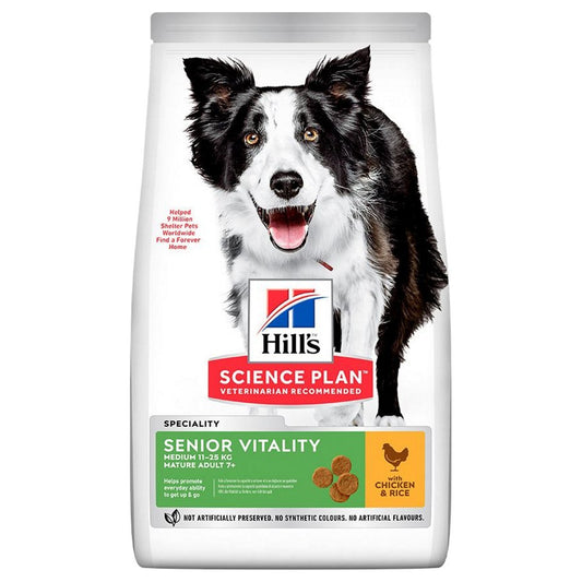Bag of Hills Science Plan senior vitality dog food with a dog on the label