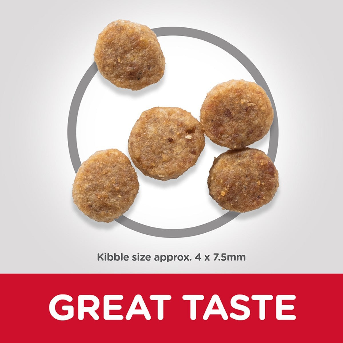 Dog kibble on a white background with 'GREAT TASTE' text