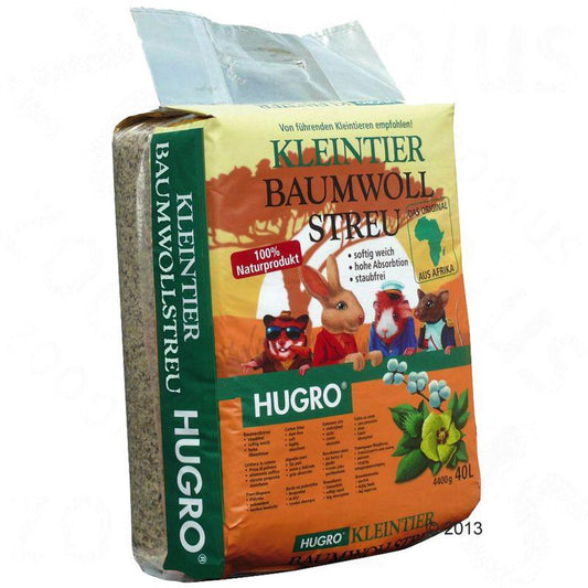 Package of Hugro Cotton Litter for small pets featuring the product and its features.