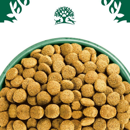 Green bowl filled with dog food pellets on a white background with a green logo.