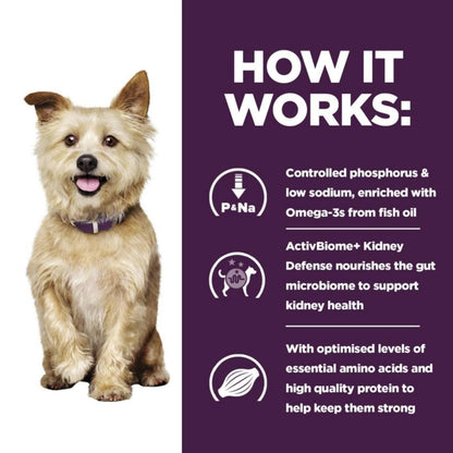 Dog with a purple collar on a white background, next to text about a pet food product's benefits.