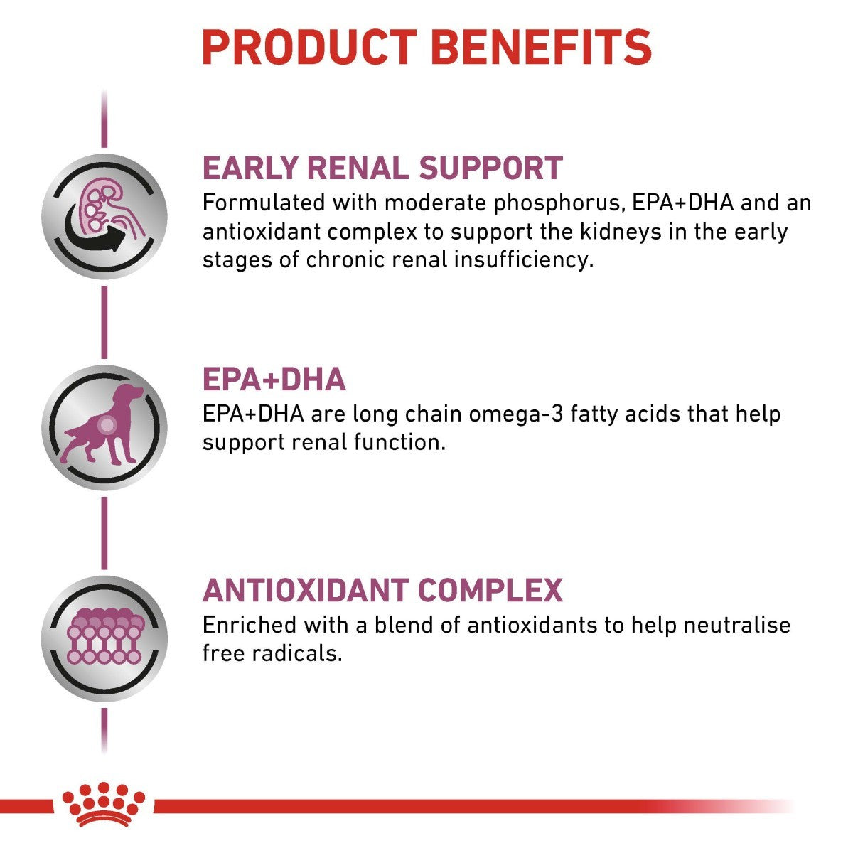 Product benefits for a pet supplement with EPA+DHA and antioxidant complex on a white background.