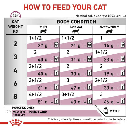 Feeding chart for cats with weight and body condition guidelines.