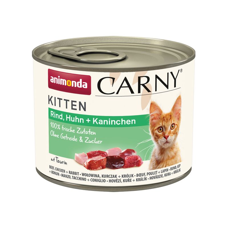 Can of Animonda Carny Kitten cat food with a kitten illustration on a white background