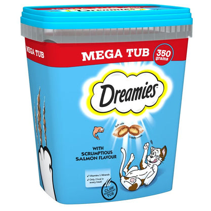 Dreamies cat treat mega tub packaging with blue and red design
