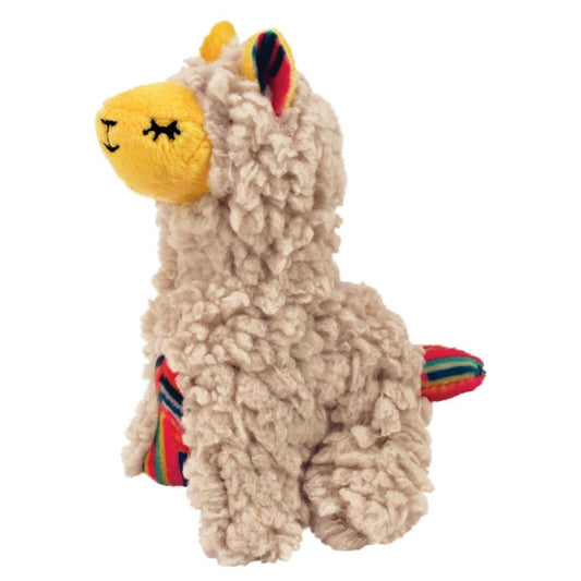 Plush toy llama with a yellow face and colorful accents on a white background