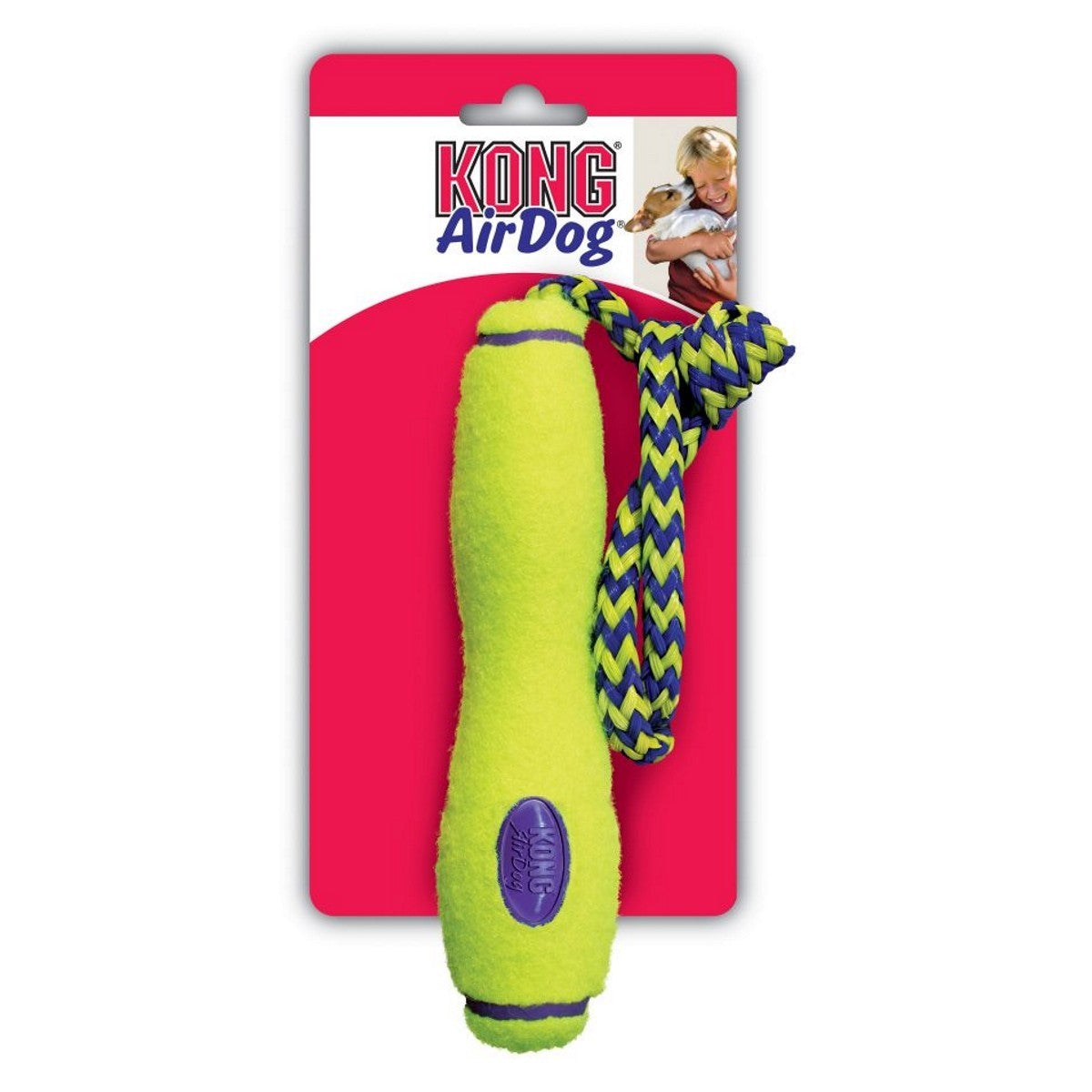 KONG AirDog dog toy with a rope on a red and white packaging background