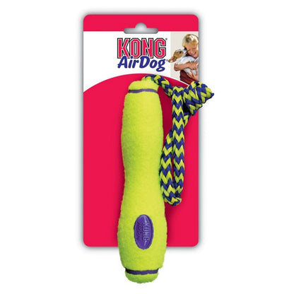KONG AirDog dog toy with a rope on a red and white packaging background