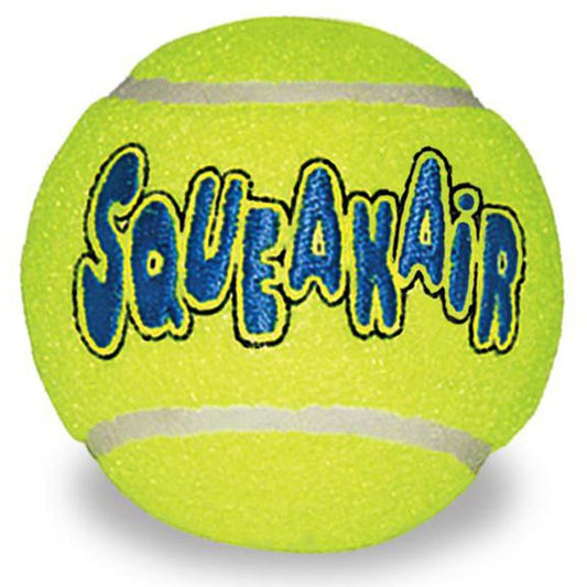 Yellow tennis ball with 'SqueakAir' text on a white background