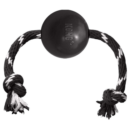 Black KONG dog toy with a rope on a white background