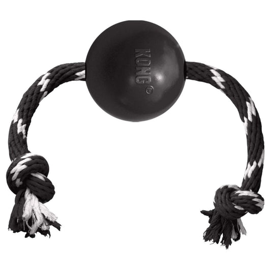Black KONG dog toy with a rope on a white background