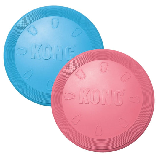 Two KONG dog toys, one blue and one pink, on a white background