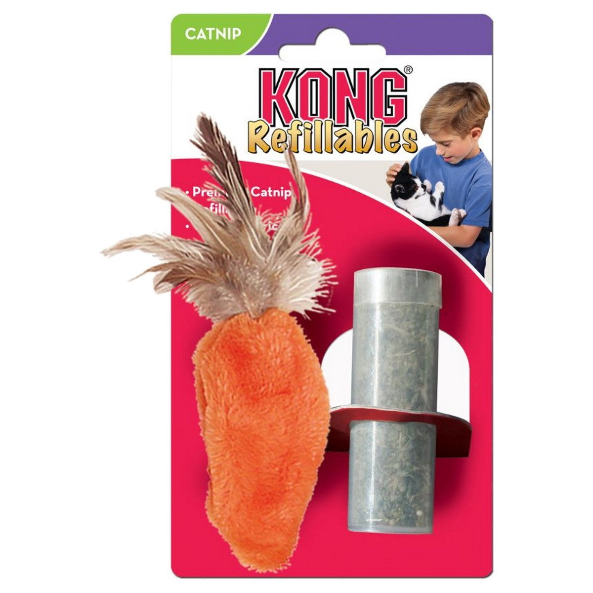 KONG Refillable cat toy packaging with carrot-shaped toy and feather attachment on a white background.