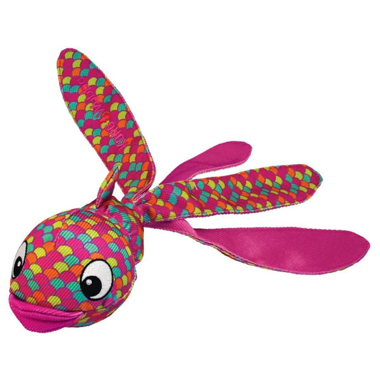 Colorful fish-shaped toy with a patterned body on a white background