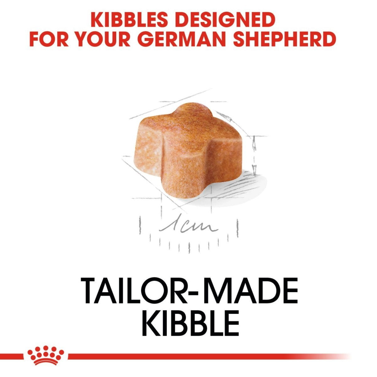Tailor-made kibble for German Shepherd dogs with a measurement label on a white background.