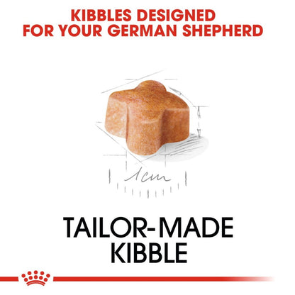 Tailor-made kibble for German Shepherd dogs with a measurement label on a white background.