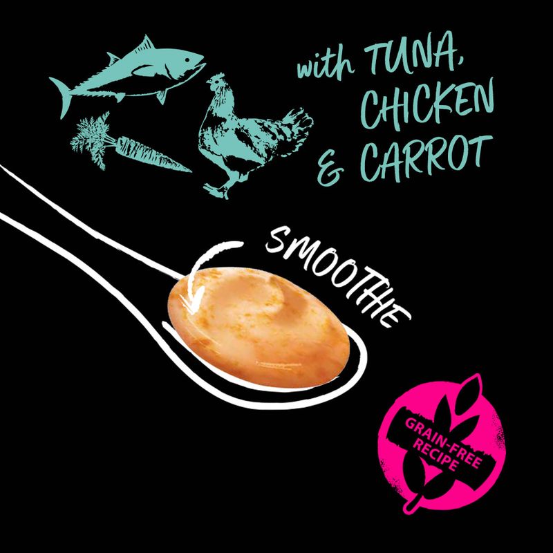 Illustration of a spoon with a smoothie, tuna, chicken, and carrot graphics on a black background.