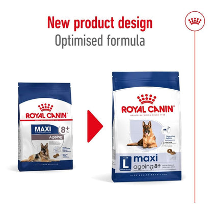 Two packages of Royal Canin Maxi dog food with a red arrow between them on a white background.
