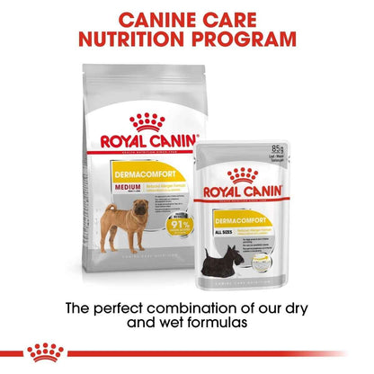 Royal Canin dog food packages with text about a canine care nutrition program.