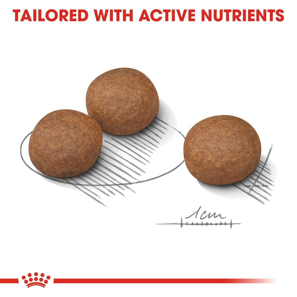 Three brown pet treats on a white background with text 'Tailored with Active Nutrients' and a red banner at the bottom.