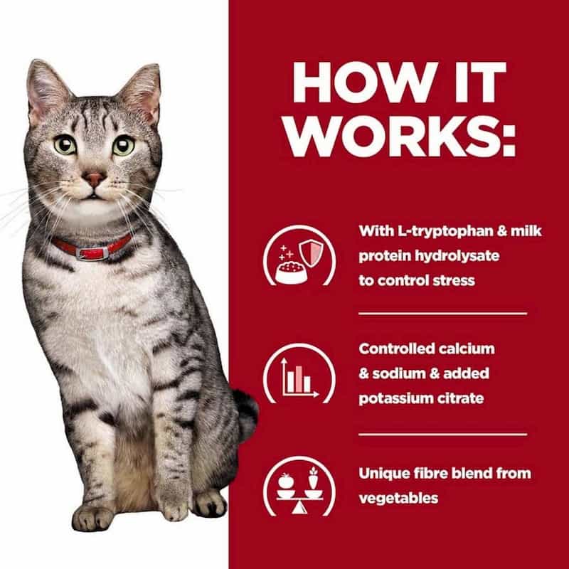 Cat with a red collar on a white background, next to text about a product's benefits on a red background.