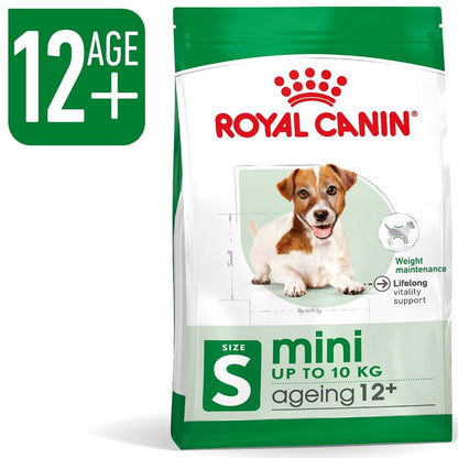 Royal Canin mini ageing 12+ dog food package on a white background