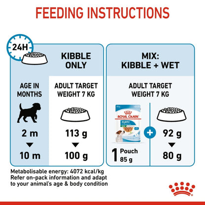 Feeding instructions for a dog with Royal Canin branding