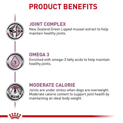 Product benefits of a pet food item with GLM, omega-3, and moderate calorie content highlighted.