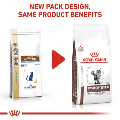 Two packages of Royal Canin Veterinary Diet Gastrointestinal Moderate Calorie on a white background with text about new packaging design.