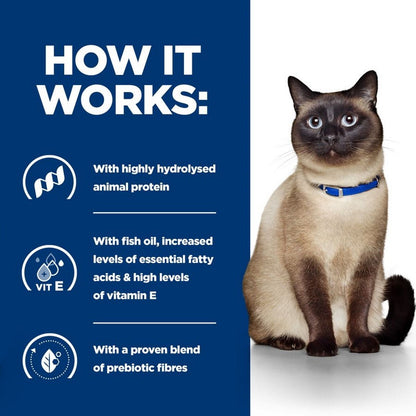 Cat wearing a blue collar with text about pet food ingredients on a blue background