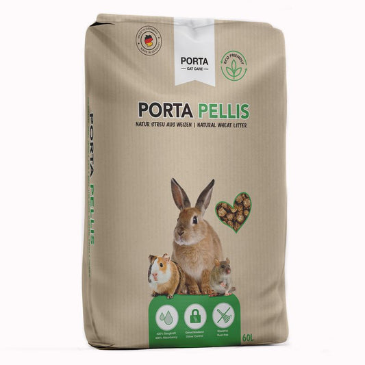 Bag of Porta Pellis animal litter with images of small animals on a beige background