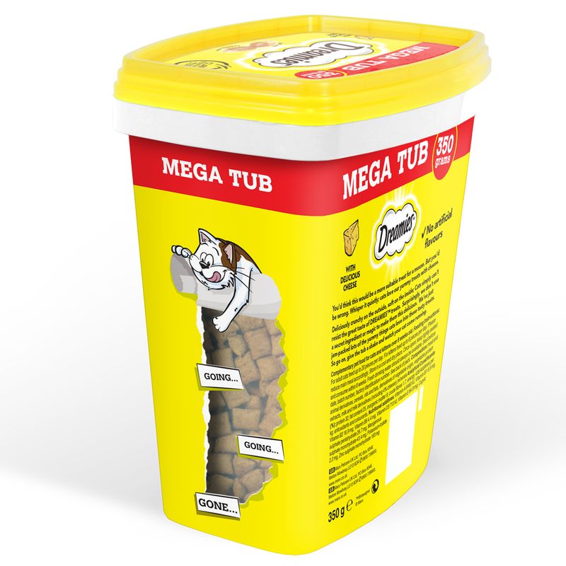 Yellow and red container labeled 'Mega Tub' with cartoon cat design on a white background