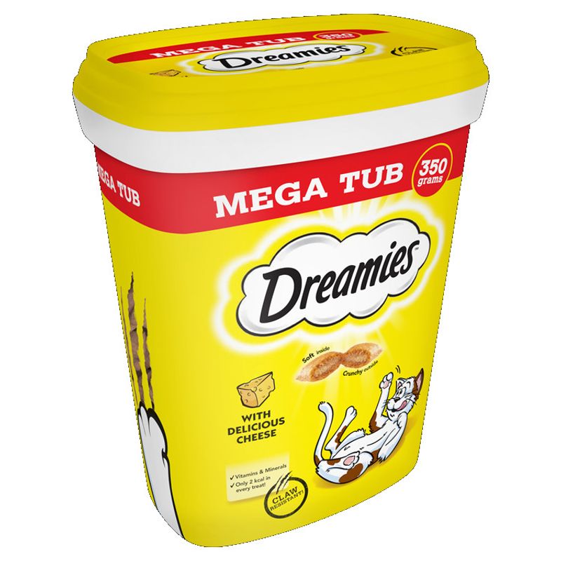 Yellow and red container of Dreamies cat treats on a white background