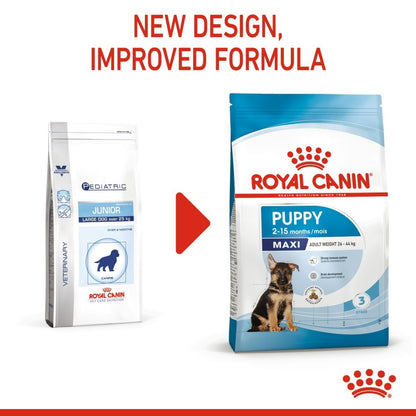 Two Royal Canin dog food packages with text indicating a new design and improved formula.